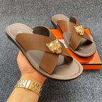 Men's PU Leather Slide Sandals with Metal Decoration