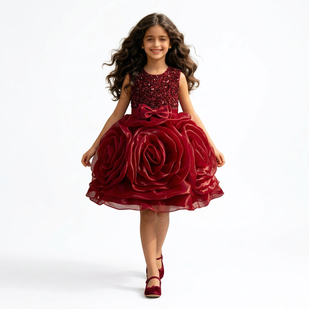 Girls' Sequin 3D Flower Tulle Party Dress