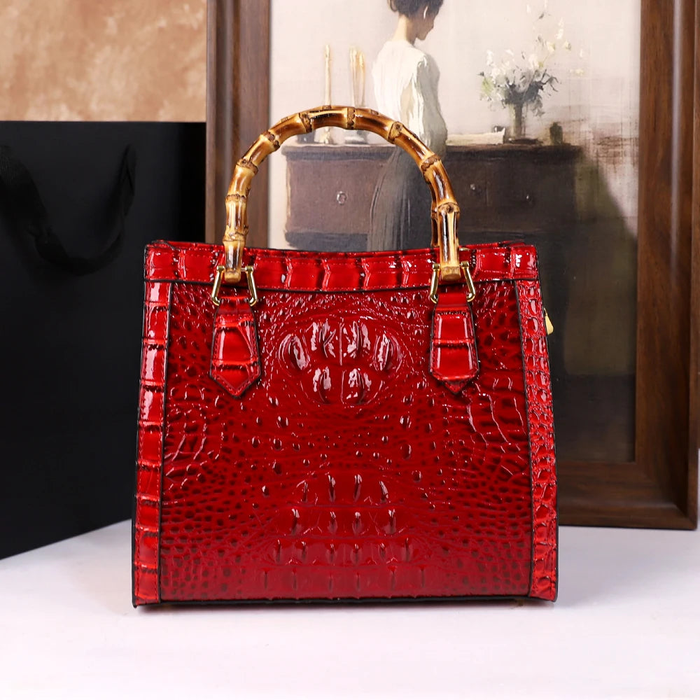 Women's Crocodile Pattern Bamboo Handle Handbag