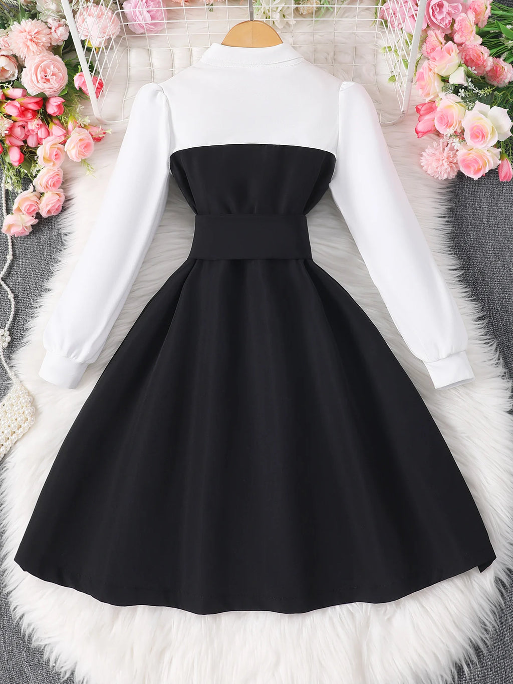 Girls' Long-Sleeved Lapel Button Contrast Color Dress