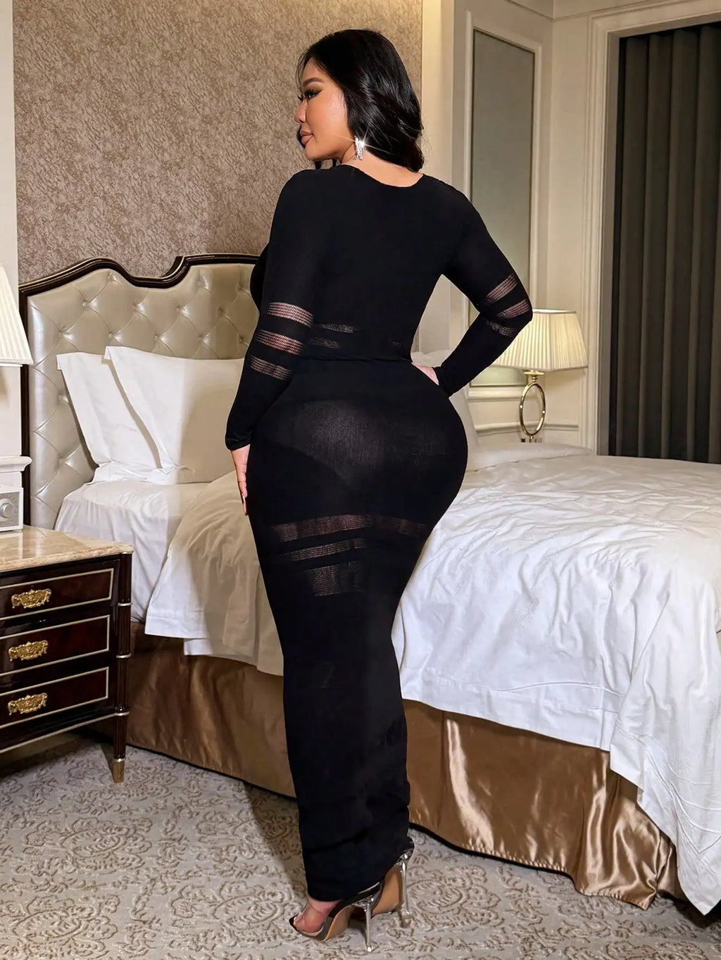 Women's Sheer Mesh Stripe Patchwork Bodycon Midi Dress