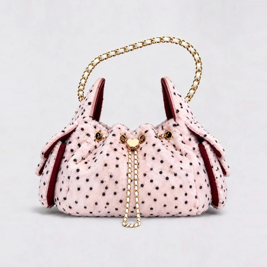 Women's Leopard Faux Fur Drawstring Chain Bucket Bag