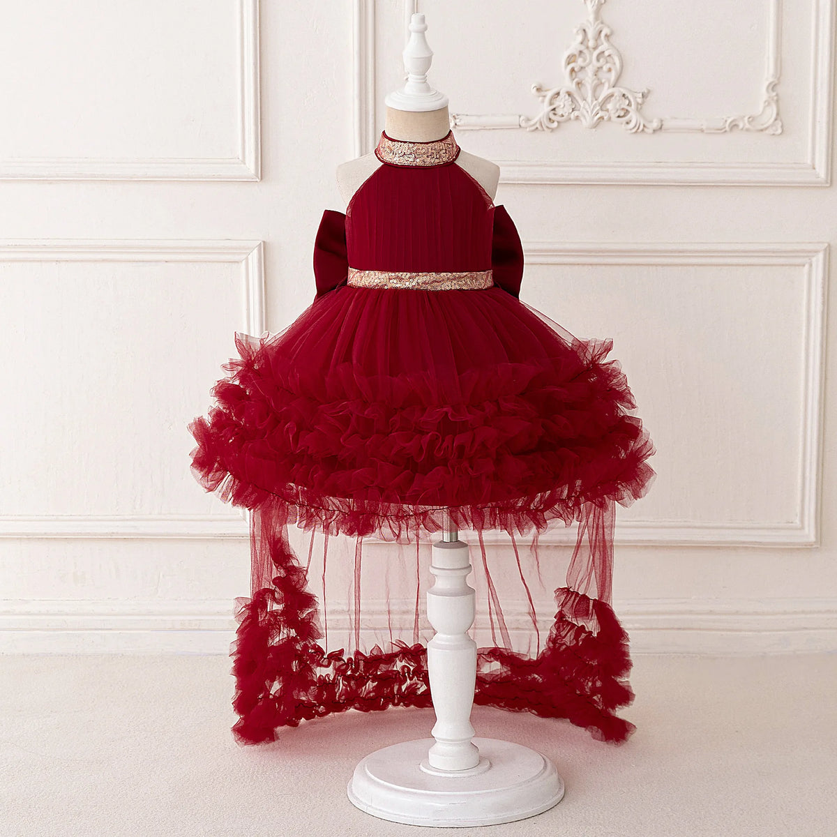 Girls' Sleeveless Princess Dress with Big Bow and Trailing Mesh