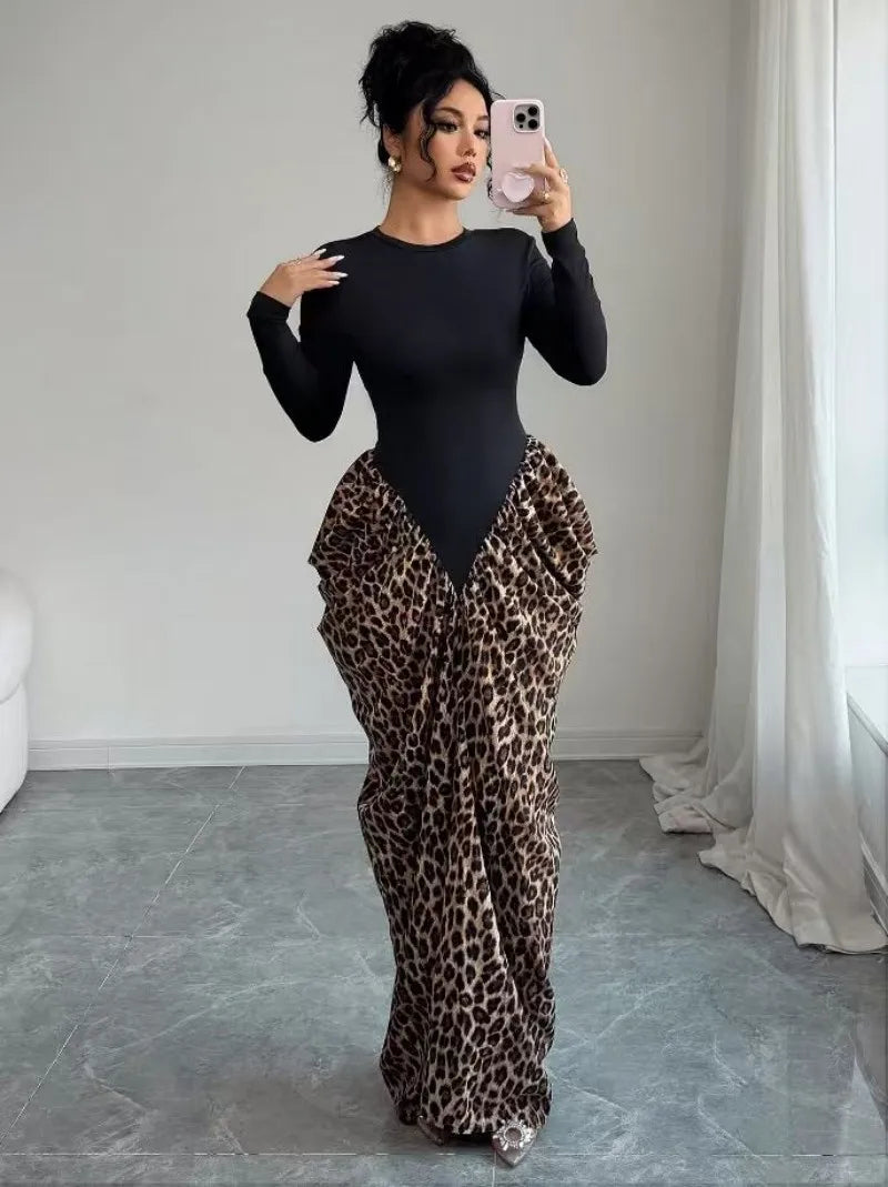 Women's Elegant Leopard Print Long Sleeve Maxi Dress