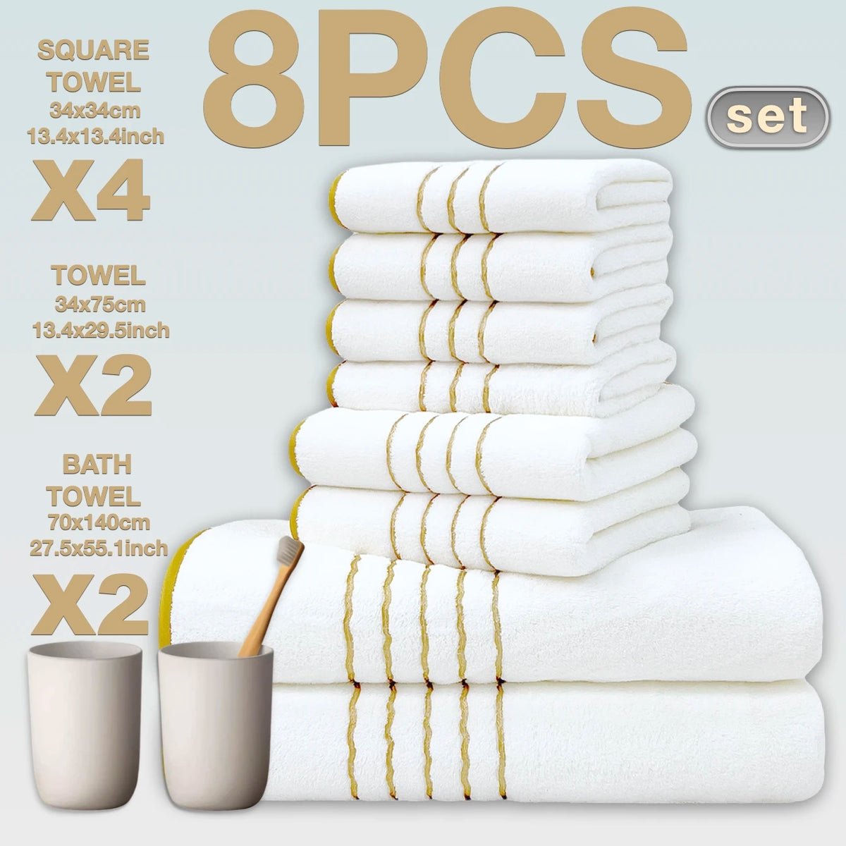 Soft Absorbent Polyester Bath Towel Set with Gold Accents
