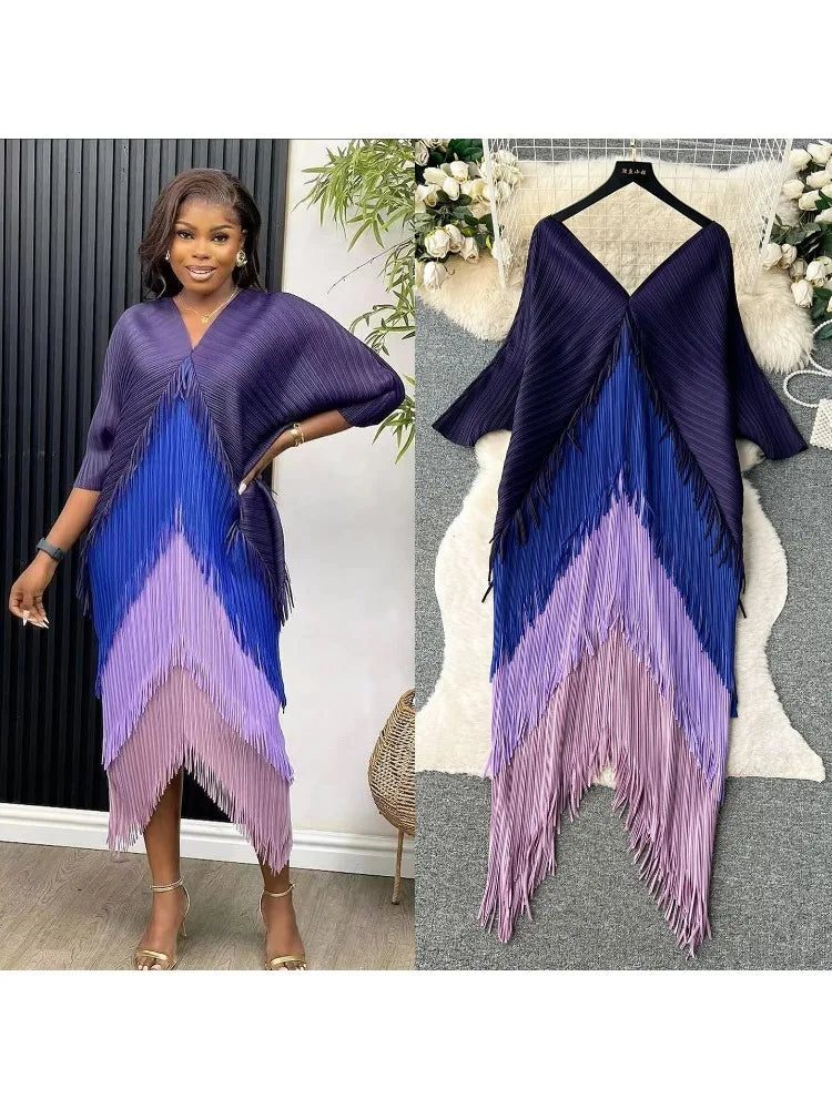 Women's Pleated Color-Block Tassel Mid-Calf Dress