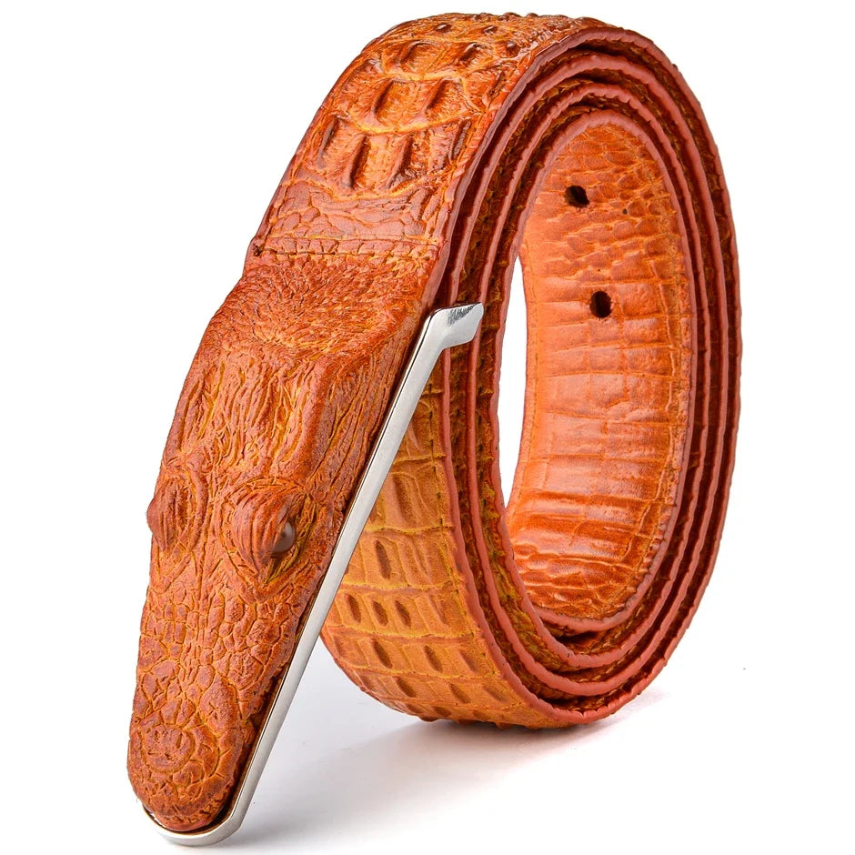 Men's Crocodile Pattern Leather Belt with Smooth Buckle
