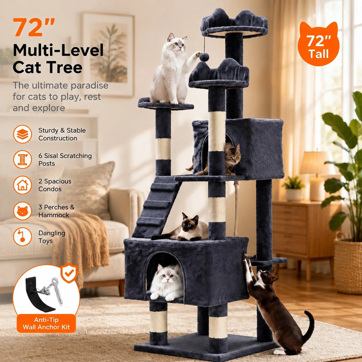 72 Inch Large Cat Tree Tower Condo Scratching Post for Cats