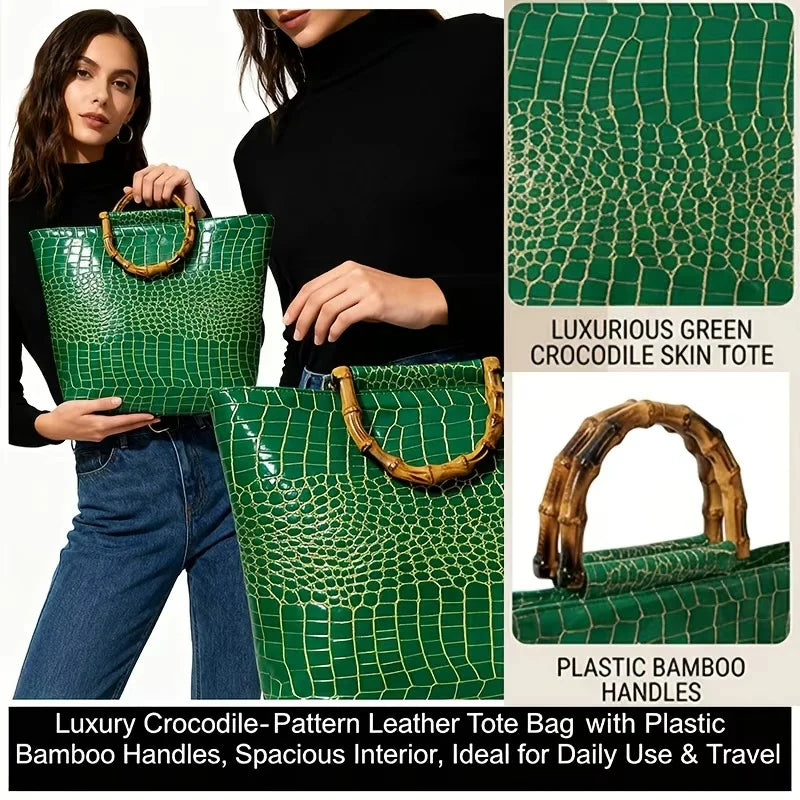 Women's Faux Leather Crocodile Pattern Emerald Green Tote Bag