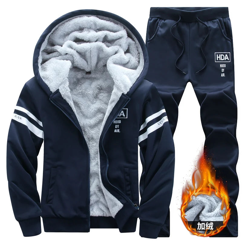 Men's Winter Hooded Plush Thickened Two Piece Set