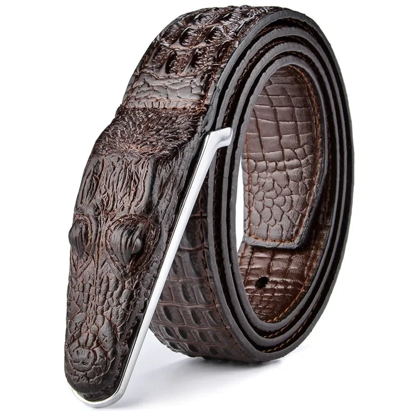 Men's Crocodile Pattern Leather Belt with Smooth Buckle
