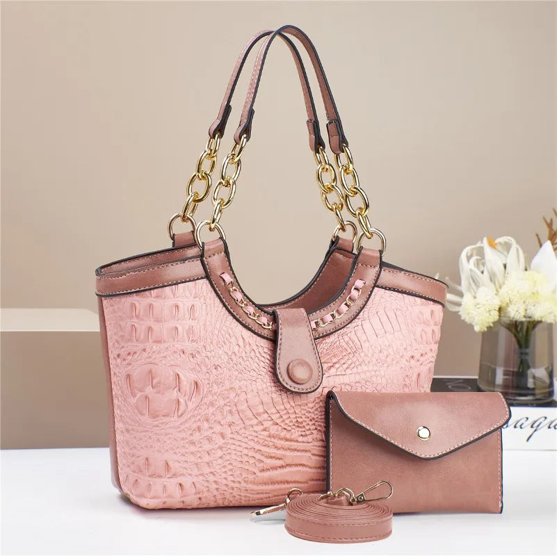 Women's Crocodile Pattern PU Leather Chain Crossbody Bag Set