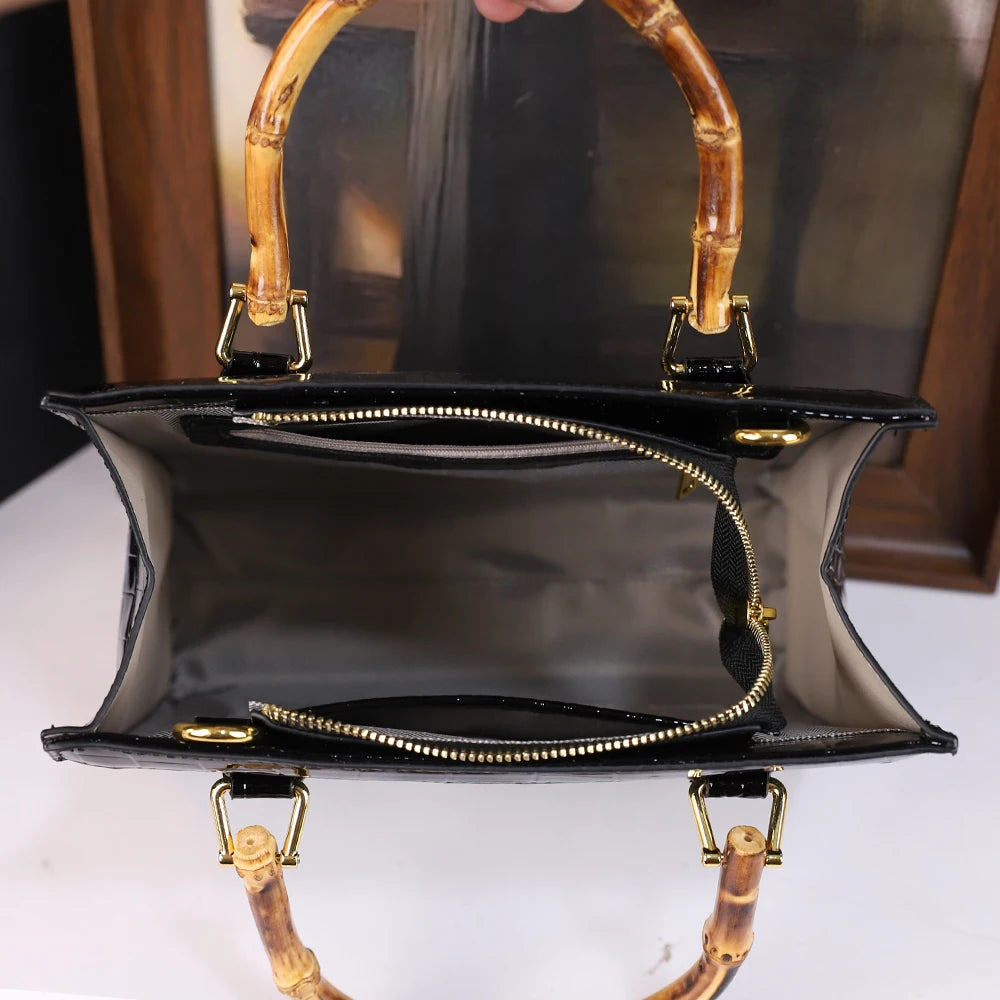 Women's Crocodile Pattern Bamboo Handle Handbag