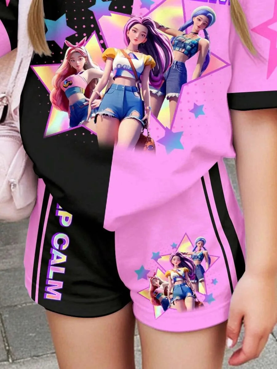 Girls' Color-Block Cartoon Top and Shorts 2-Piece Set