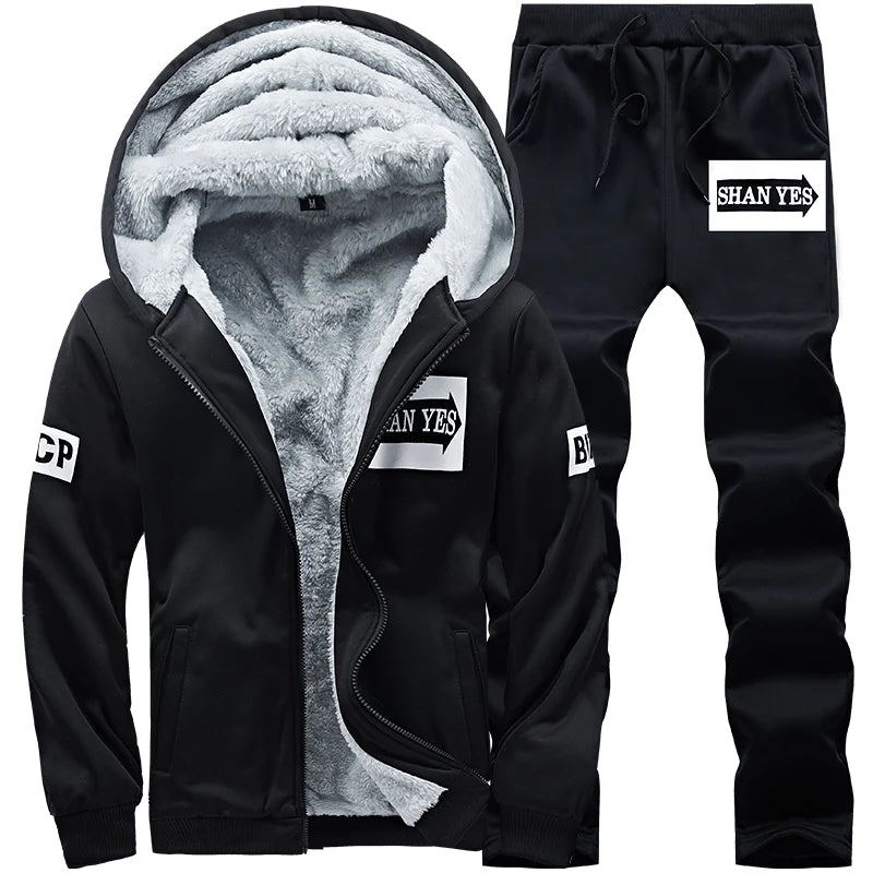 Men's Winter Hooded Plush Thickened Two Piece Set