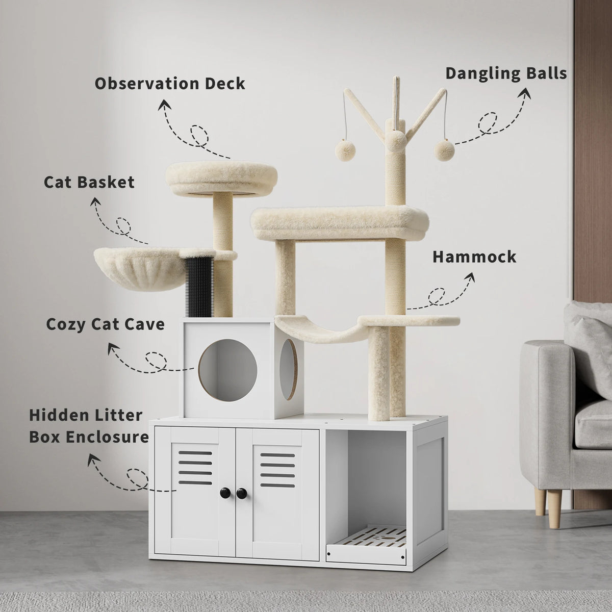 Cat Tree Tower Condo with Litter Box Enclosure for Cats
