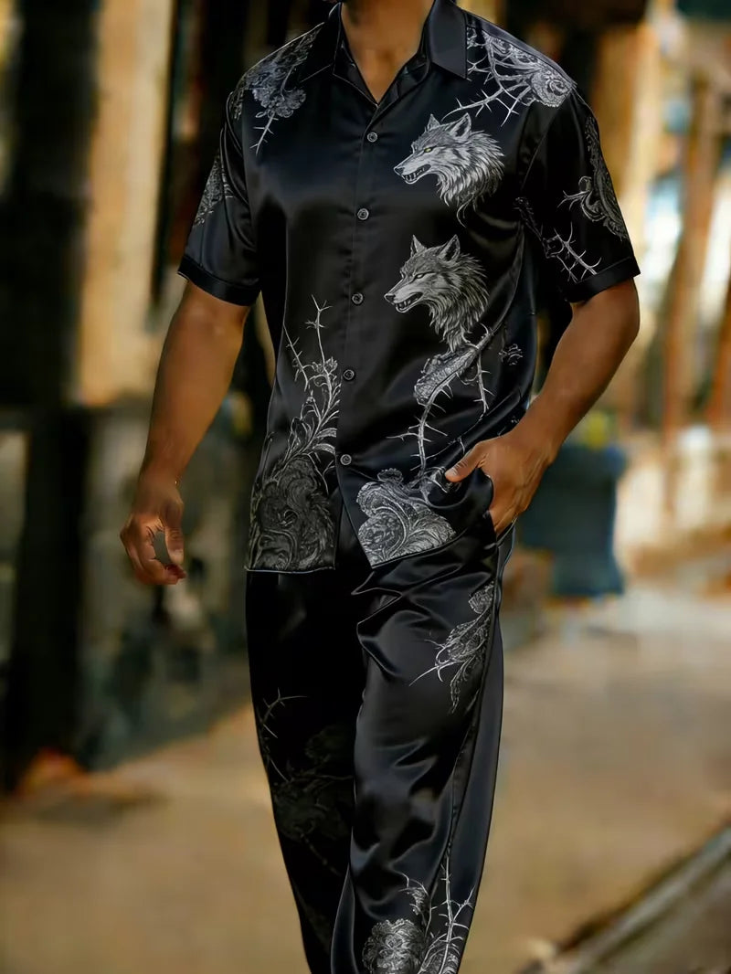 Men's 3D Print Short Sleeve Shirt and Pants Two Piece Set
