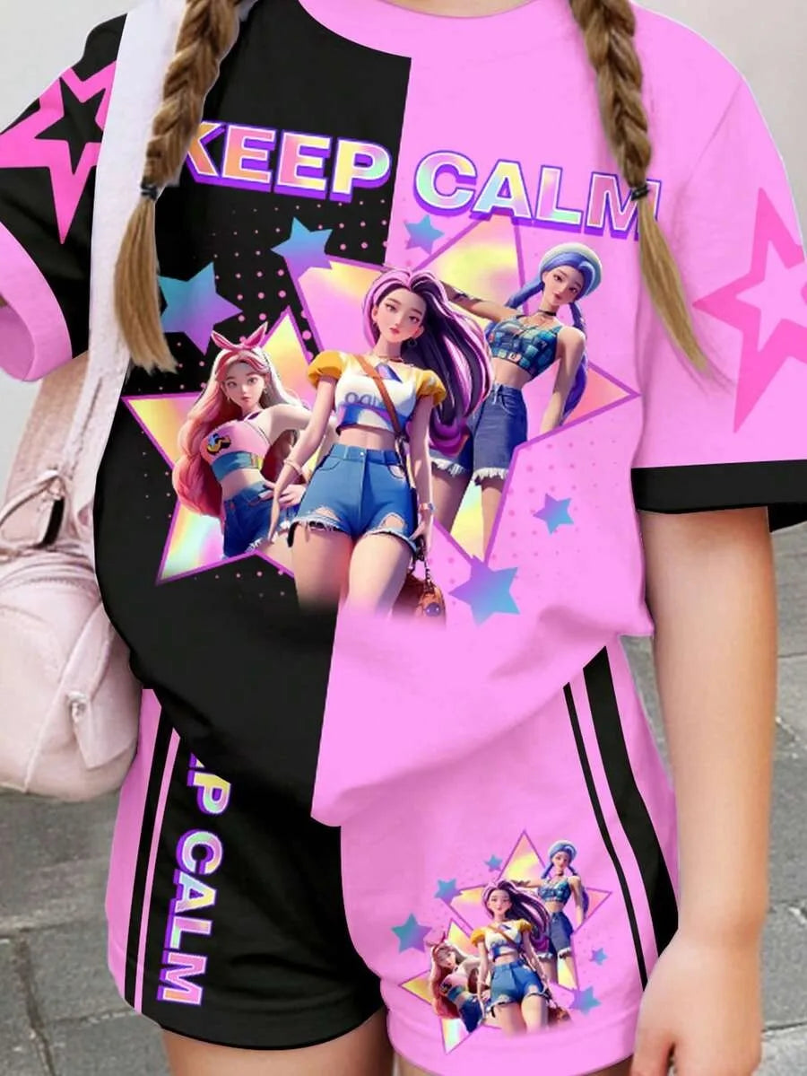 Girls' Color-Block Cartoon Top and Shorts 2-Piece Set