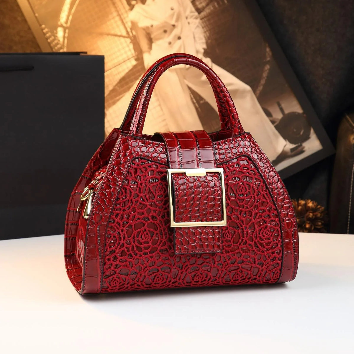 Women's Crocodile Pattern Lace Top Handle Satchel Bag