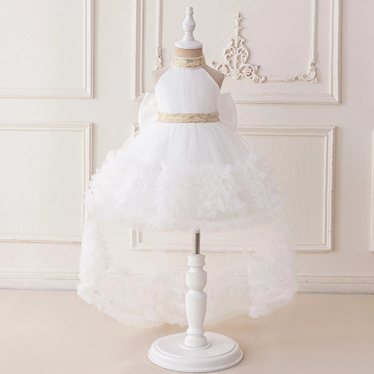 Girls' Sleeveless Princess Dress with Big Bow and Trailing Mesh
