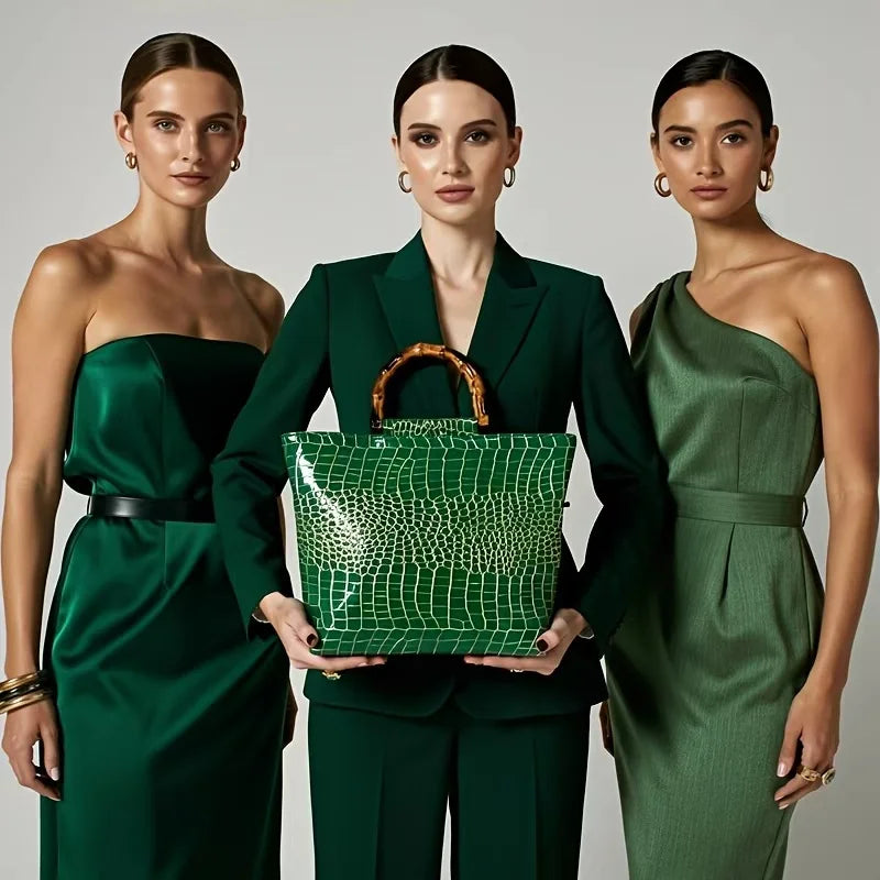 Women's Faux Leather Crocodile Pattern Emerald Green Tote Bag