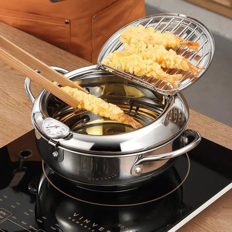 Stainless Steel Tempura Deep Fryer Pan with Thermometer and Lid