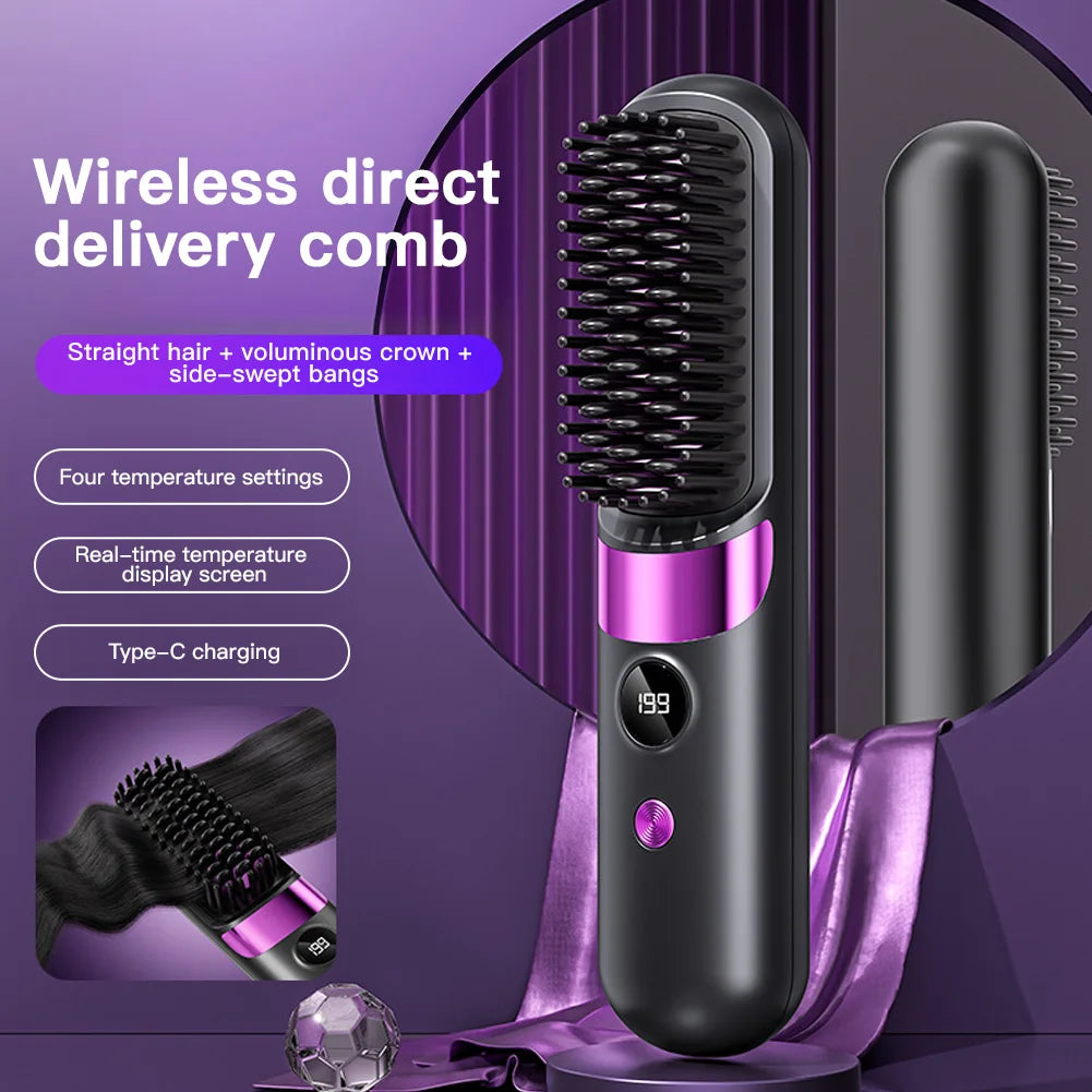 Cordless Ceramic Hair Straightener Brush with LED Display