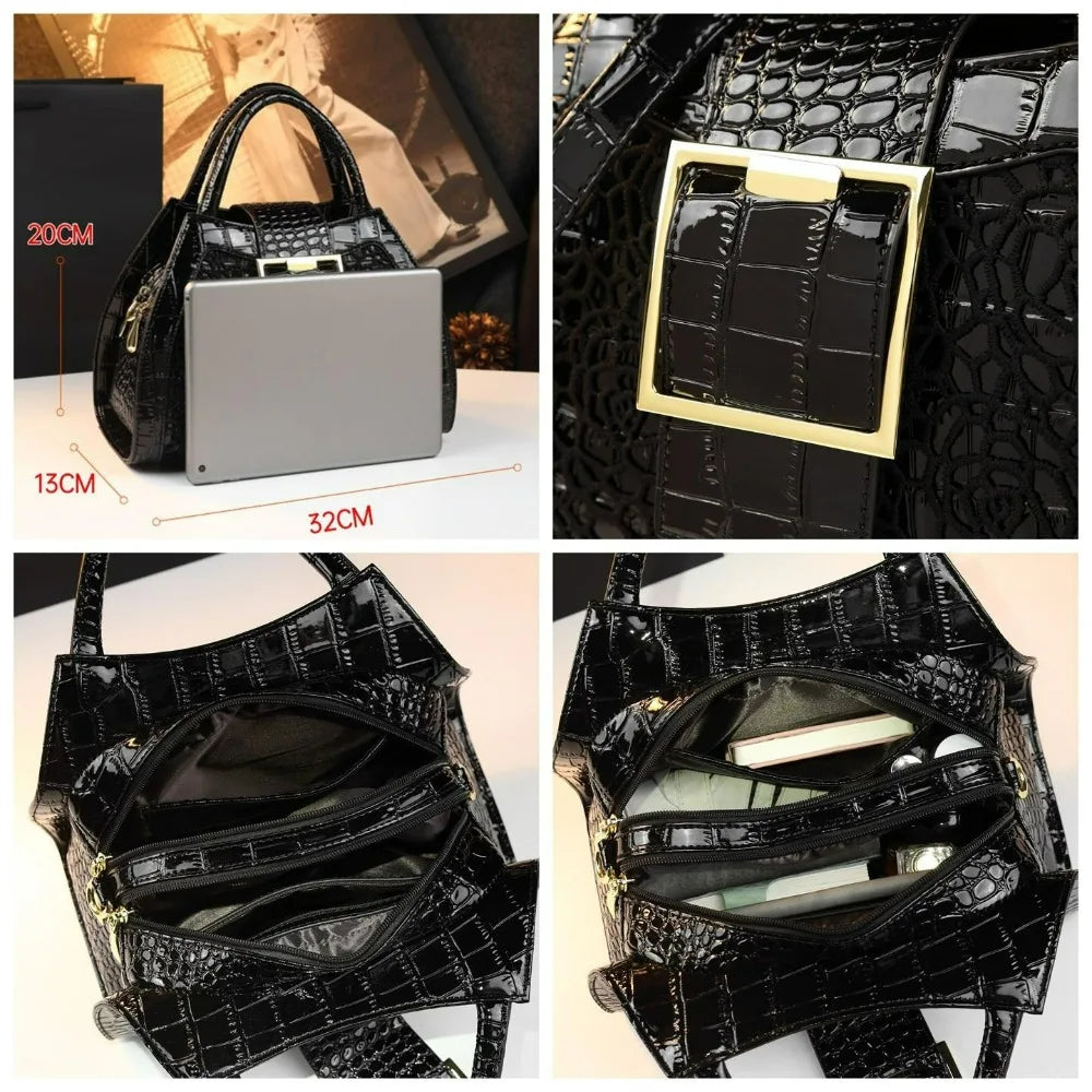 Women's Crocodile Pattern Lace Top Handle Satchel Bag
