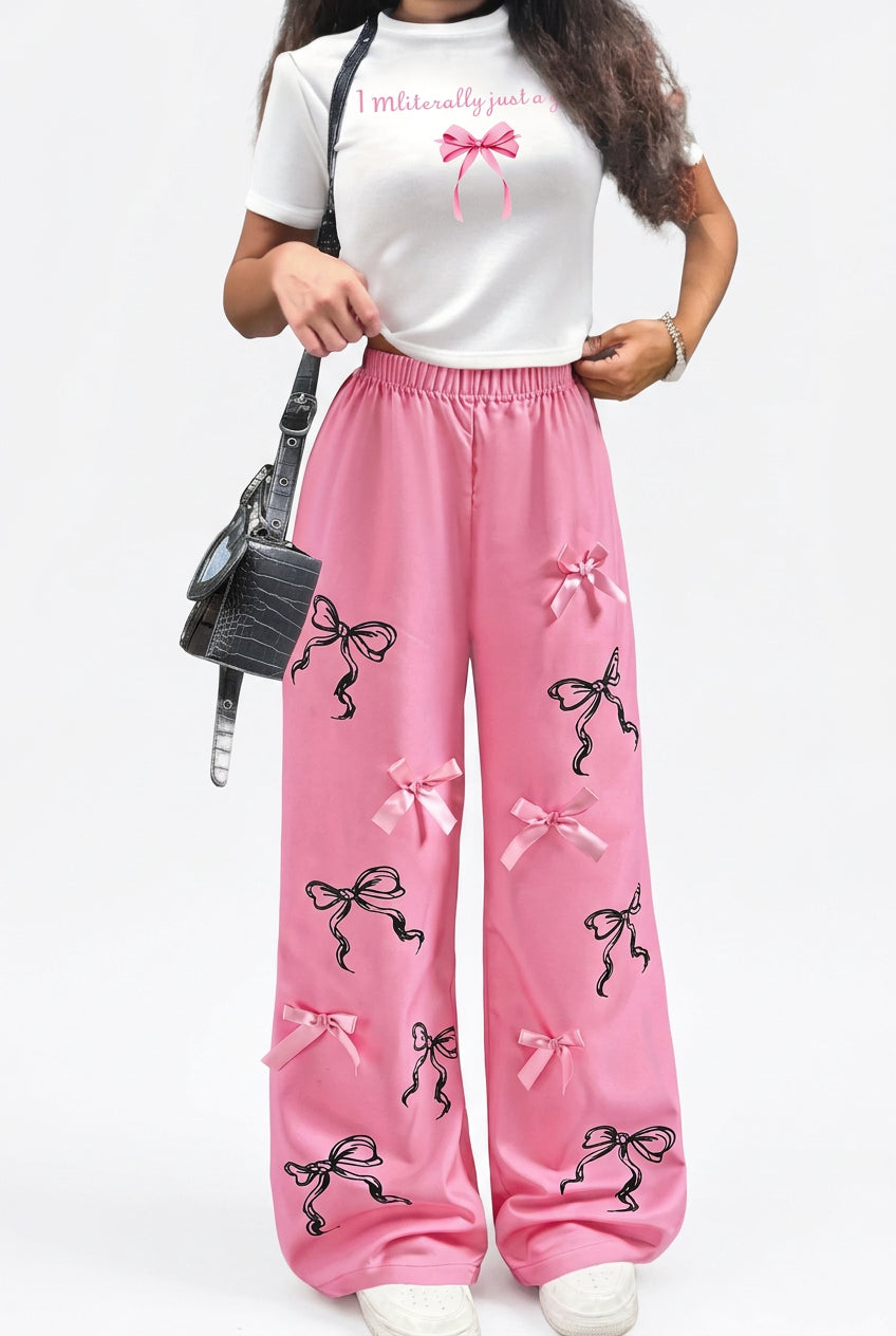 Girls' Letter-Print T-Shirt and Bow Wide-Leg Pants 2-Piece Set