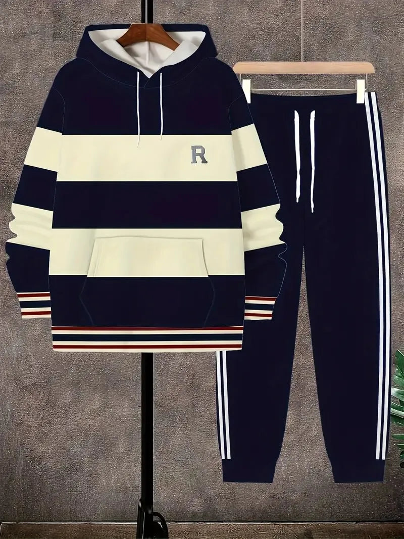 Men's 3D Striped Pattern Print Hoodie and Pants Two-Piece Set