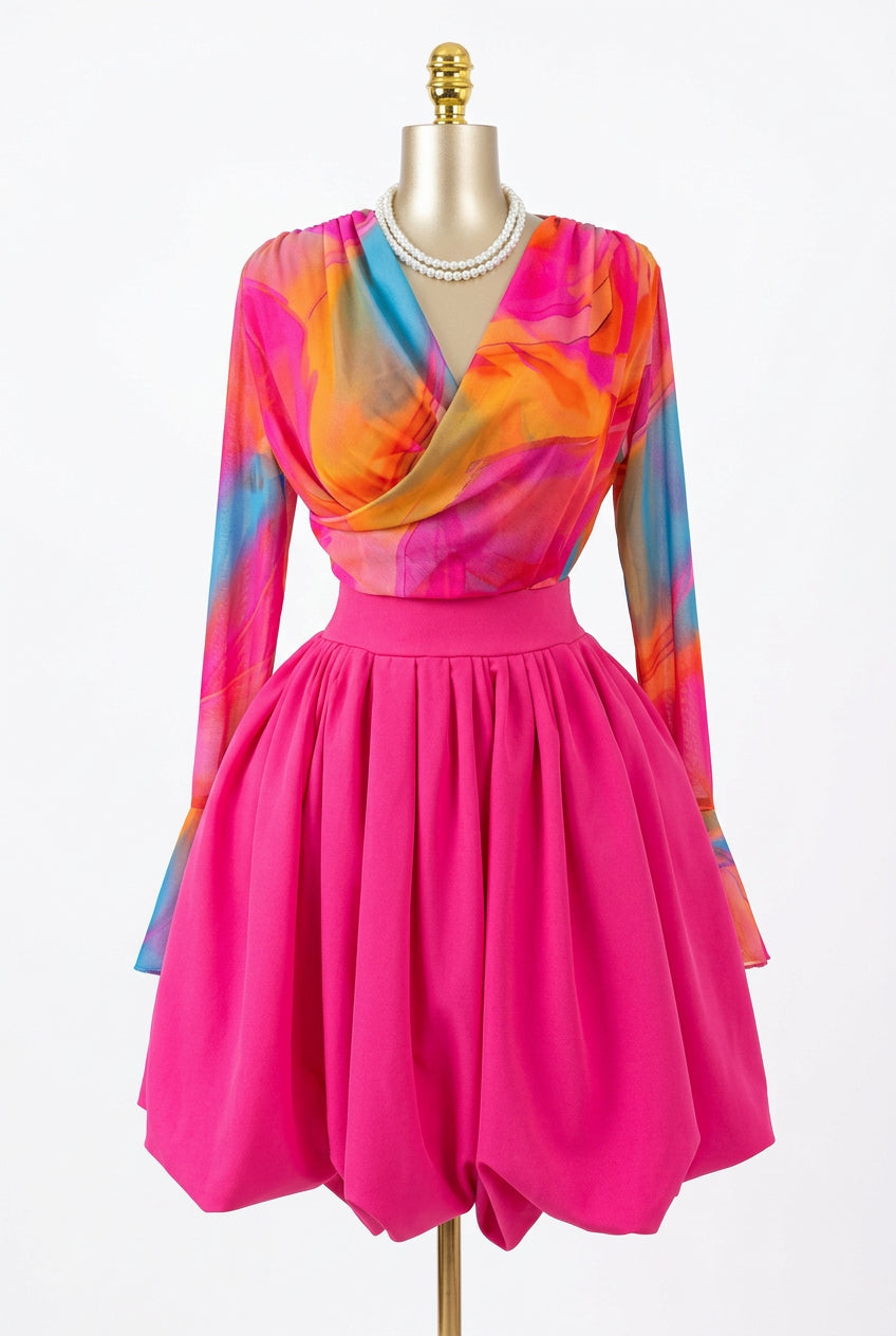 Women's Tie Dye Mesh Long Sleeve Wrap V Neck Pleated Mini Dress