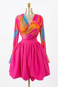 Women's Tie Dye Mesh Long Sleeve Wrap V Neck Pleated Mini Dress