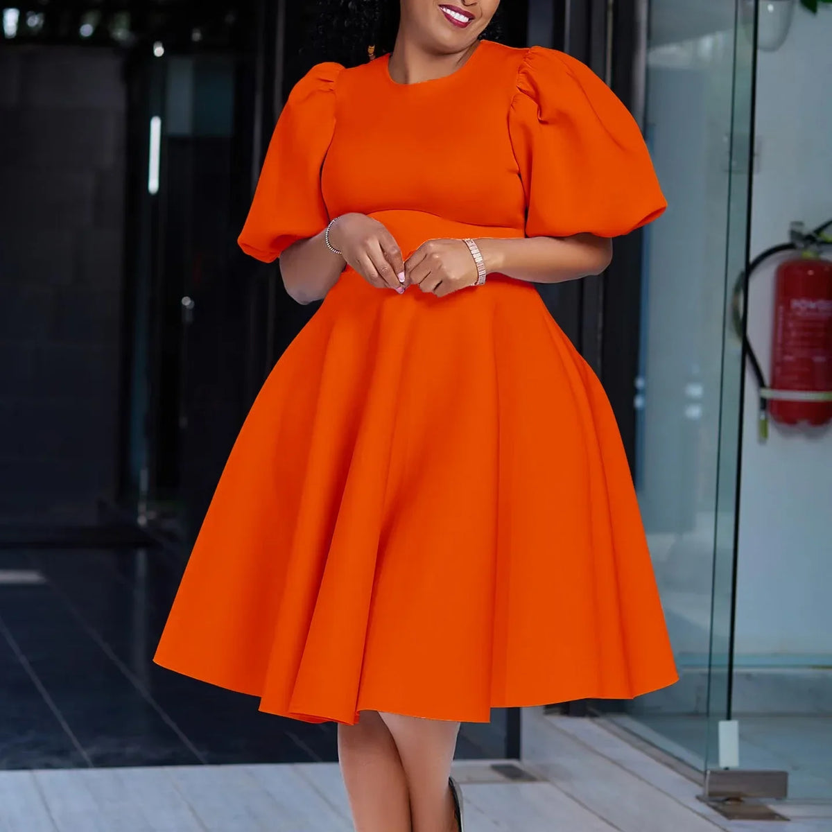 Women's High Waist Pleated O-Neck Midi Dress