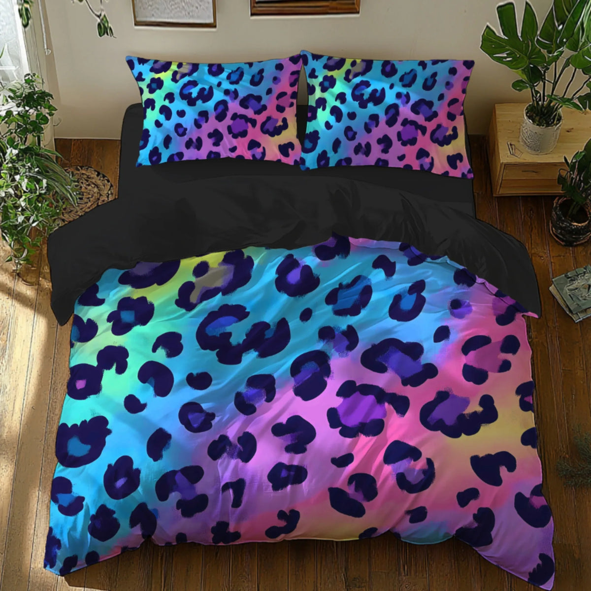 Neon Rainbow Leopard Print Duvet Cover Set with Pillowcases