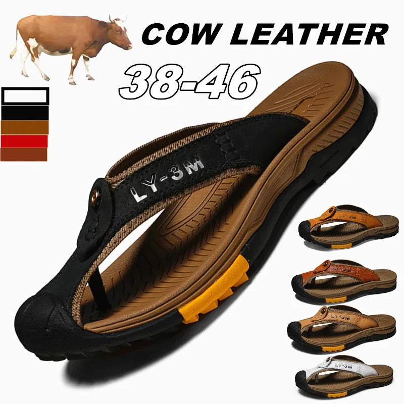 Men's Genuine Cow Leather Anti-Slip Beach Flip Flops