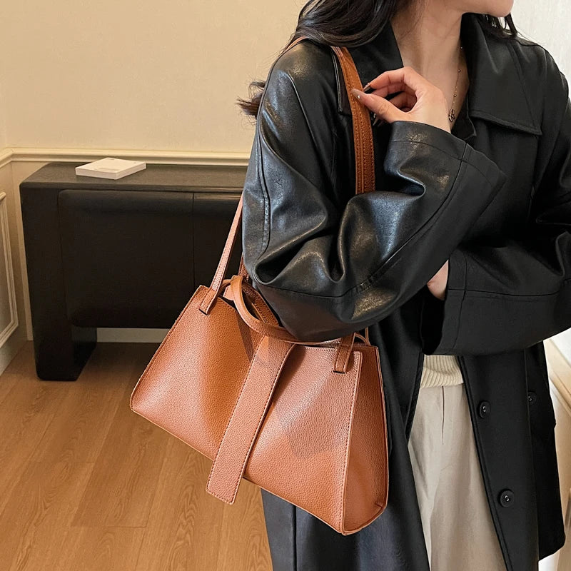 Women's Fashion Solid PU Leather Shoulder Tote Bag