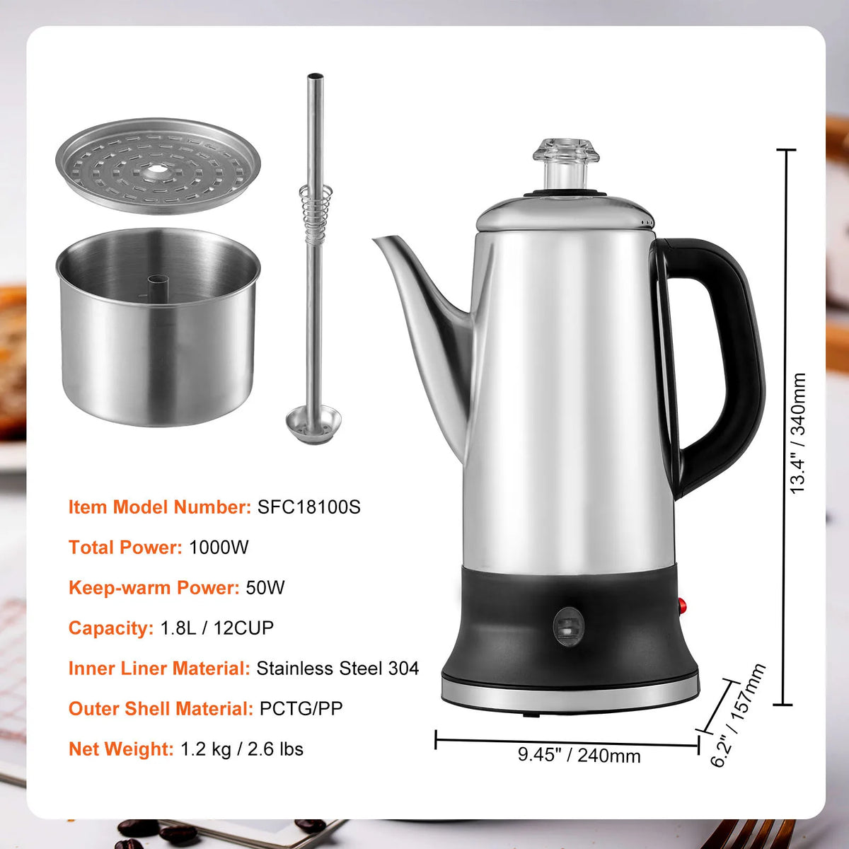 12-Cup 1000W Stainless Steel Electric Percolator Coffee Pot