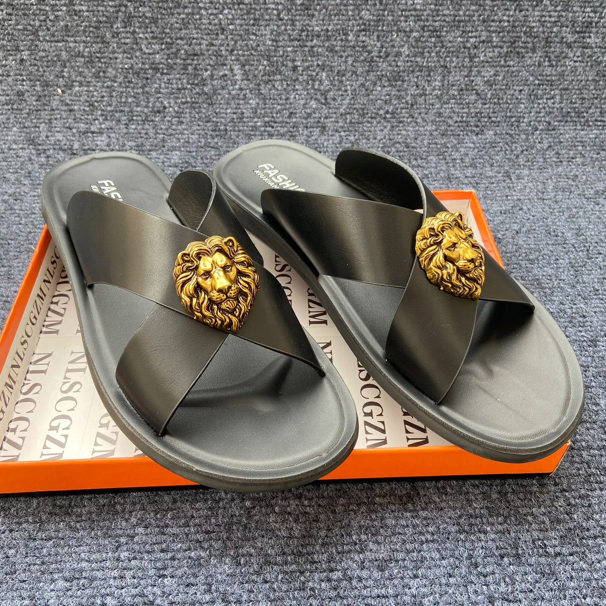 Men's PU Leather Slide Sandals with Metal Decoration