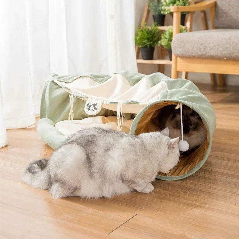 Collapsible 2-Way Cat Tunnel Bed with Mat