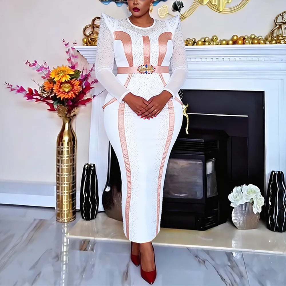 Women's African Diamond Pleated Long Evening Gown