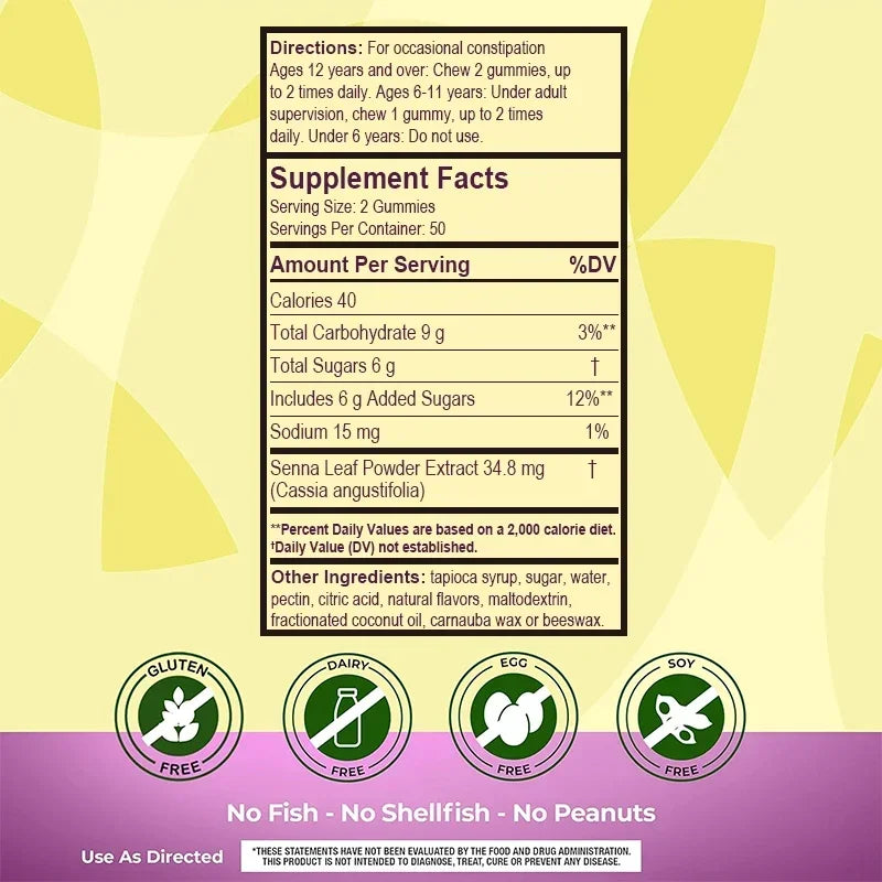 Senna Leaf Laxative Constipation Support Dietary Supplement Gummies