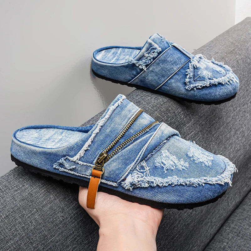 Men's Distressed Denim Slip-On Slippers