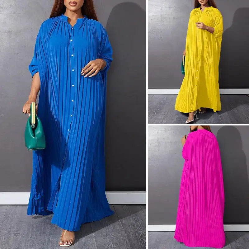 Women's Elegant Pleated Single-Breasted V-Neck Maxi Dress