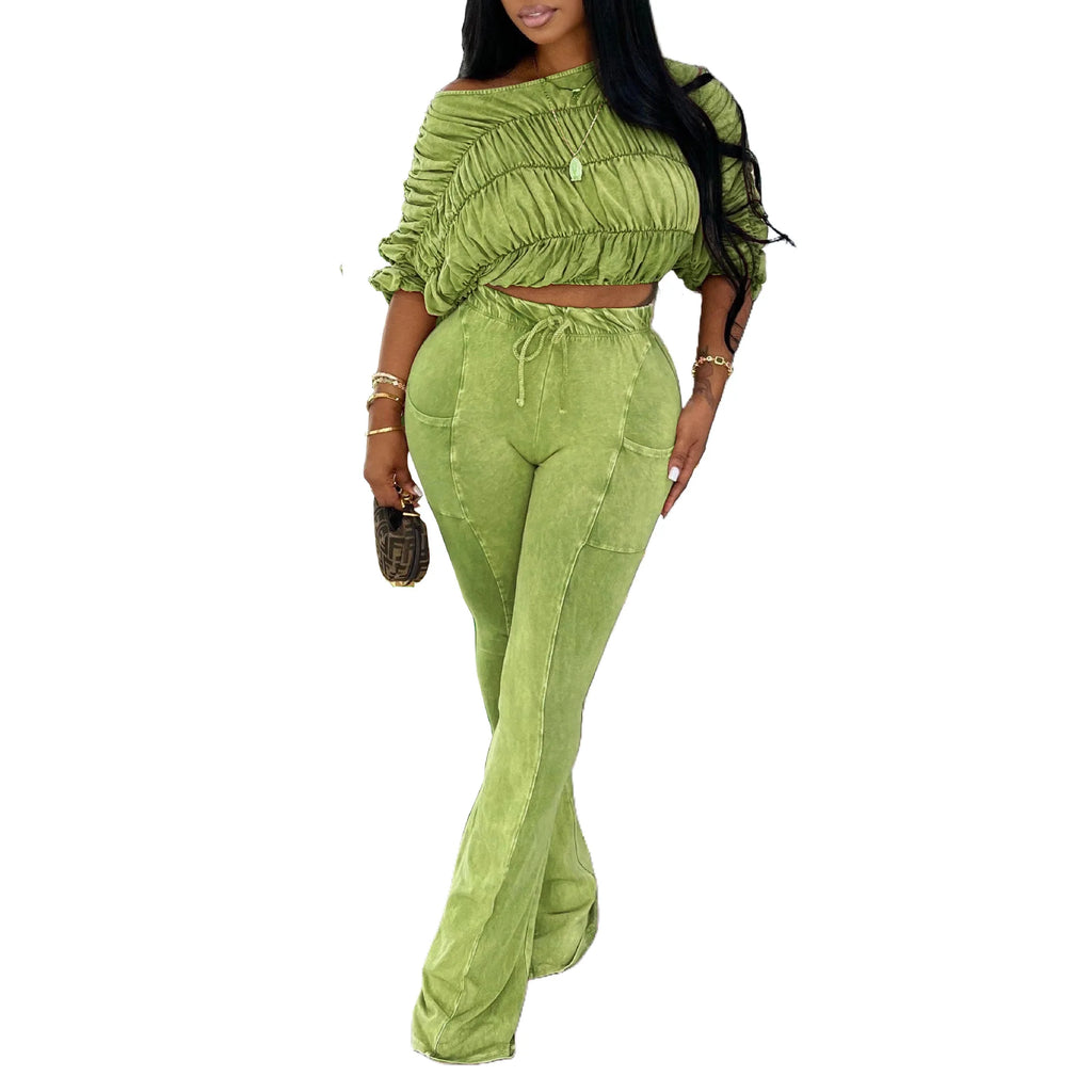 Women's Diagonal Neck Pleated Pants Two-Piece Set
