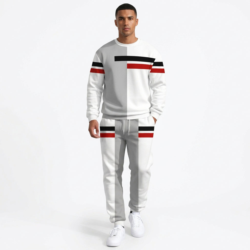 Men's Round Neck 3D Striped Print Two Piece Sweatshirt Set
