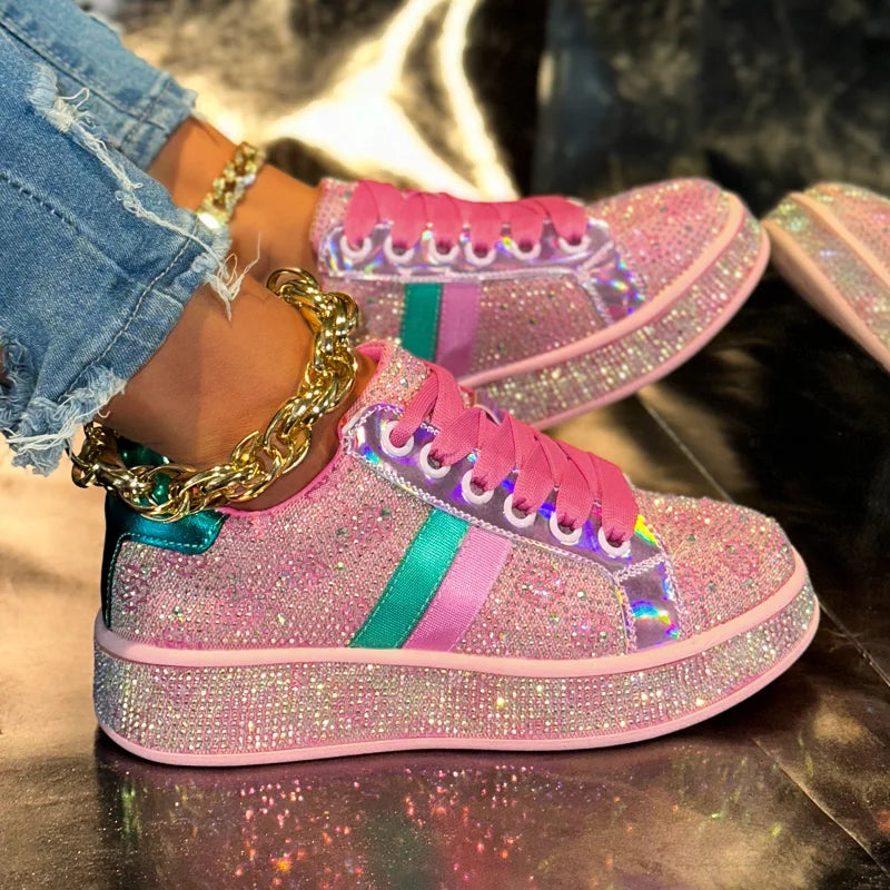 Women's Crystal Rhinestone Platform Lace Up Casual Sneakers