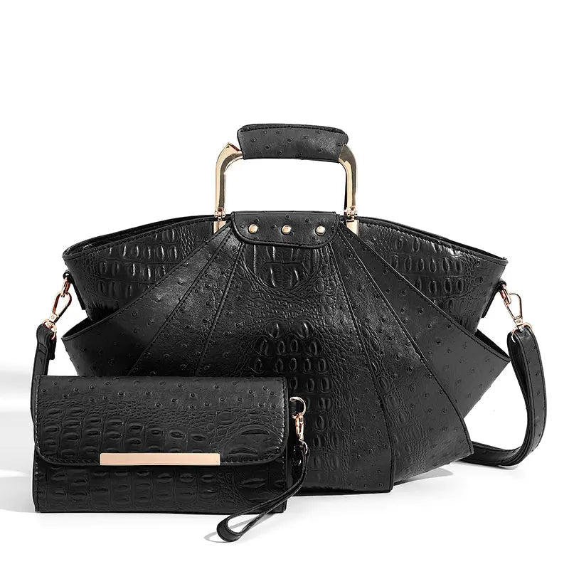 Women's Metal Top Handle PU Leather Large Capacity Shoulder Tote Bag
