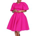 Women's High Waist Pleated O-Neck Midi Dress