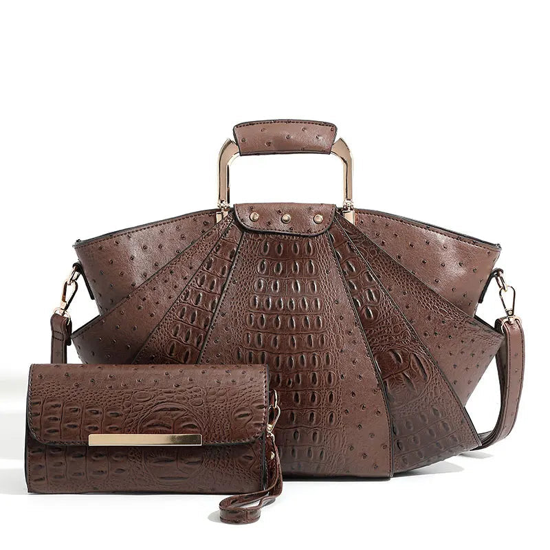 Women's Metal Top Handle PU Leather Large Capacity Shoulder Tote Bag