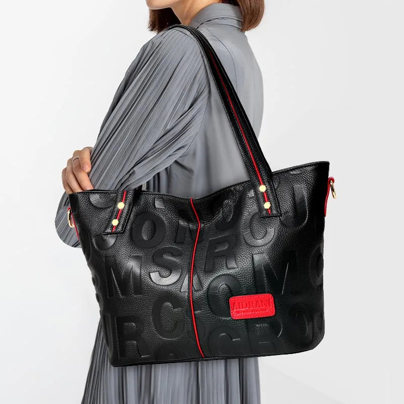 Women's Letter Print Cowhide Leather Shoulder Tote Bag Q1452